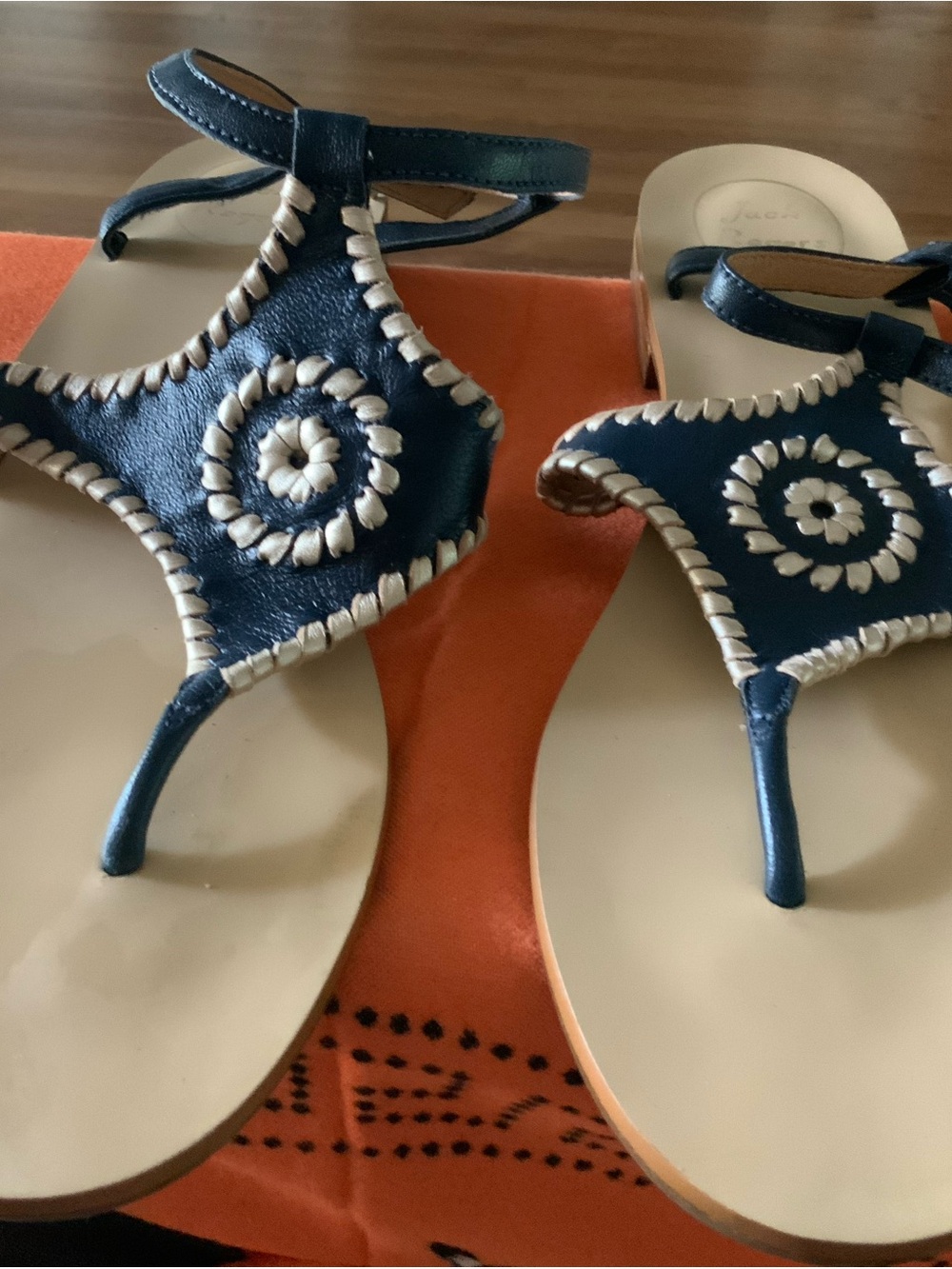 Jack Rogers Navy and White Leather Thong Sandals